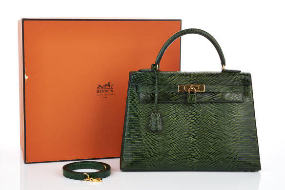 A Hermes forest green lizard ‘Kelly’ Sellier bag, estimated to be worth between $30,000 and $40,000.