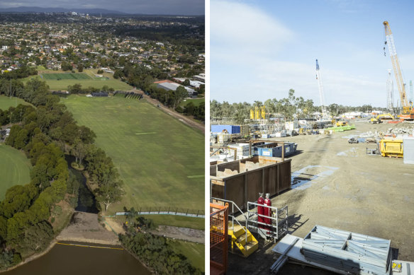 Aerial view of Trinity Grammar’s sports fields in Bulleen (L). The fields amid North East Link construction in 2024 (R).