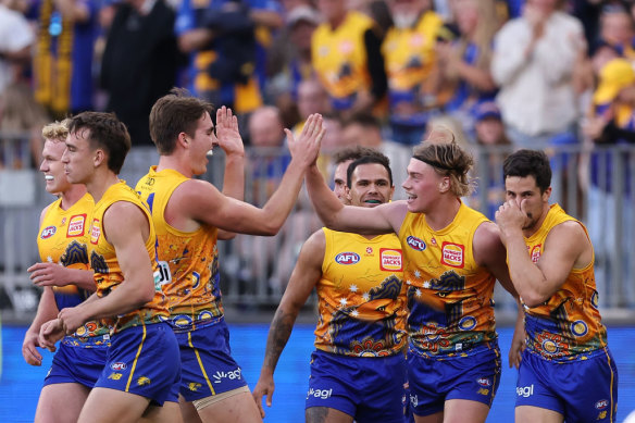 Reid celebrates a goal during the round 10 match between Waalitj Marawar (the West Coast Eagles) and Narrm (the Melbourne Demons) at Optus Stadium on May 19.