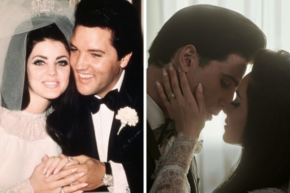Priscilla and Elvis Presley on their wedding day, and right, Jacob Elordi and Cailee Spaeny in the film. 