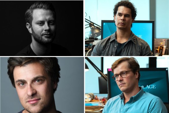 The real reporters at The Age, Beau Donelly (top left) and Nick Toscano (bottom left) and their fictional counterparts of Justin Guthrie and Sean Mengotti, played by Mark Coles Smith (top right) and Rick Davies (bottom right) .