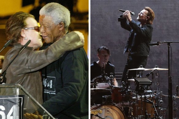 Bono embraces Nelson Mandela at an AIDS benefit concert in South Africa in 2003 and  (right) performing at the SCG in 2019.
