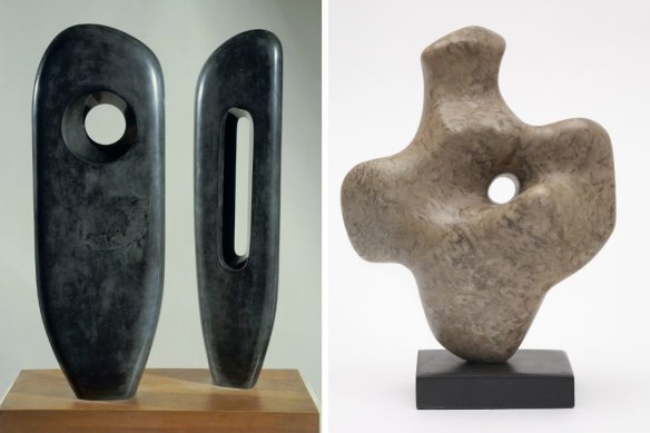 Barbara Hepworth, Two Figures (Menhirs), 1964 (left) and Figure, 1933. 