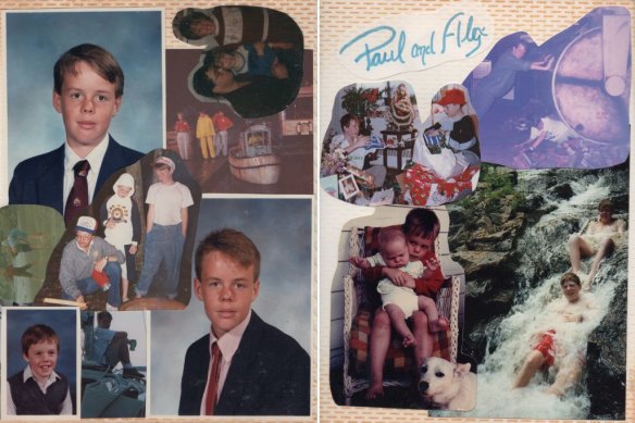 Left: A page from a book McKinnon’s sister made for their parents the first Christmas after Paul was killed, featuring Paul’s grade 7 high school yearbook photo. Right, from top left: Paul and Alex opening presents on his last Christmas, Paul and Alex at Universal Studios in Florida in December 1989, Paul and Alex in Maine 1990, and Paul holding Alex as a baby.