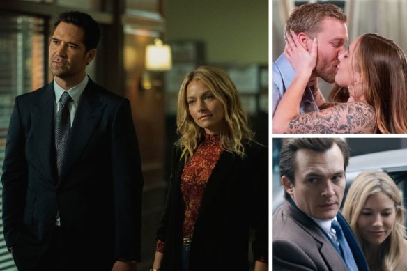 Clockwise from main: Manuel Garcia-Rulfo and Becki Newton in The Lincoln Lawyer, The Ultimatum: Marry or Move On and Rupert Friend and Sienna Miller in Anatomy of a Scandal.