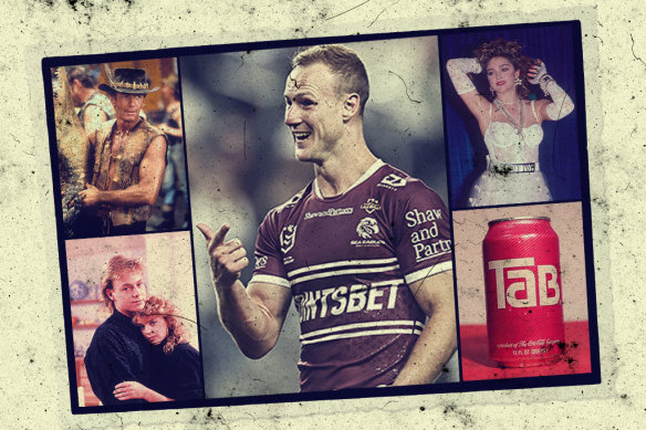 1980s icons: Scott and Charlene, Crocodile Dundee, Daly Cherry-Evans, Madonna and Tab cola. 