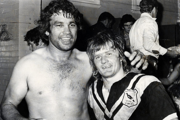 Artie Beetson and Tommy Raudonikis in the dressing room after the 1974 Rugby League final between East and West at the SCG.