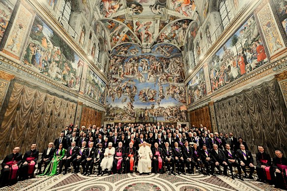 Pope Francis in the Sistine Chapel with members of the Diplomatic Corps accredited to the Holy See for his State of the World address in January.