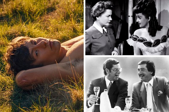 From left, Oliver (Barry Keoghan) fixates on his university friend in Saltburn; Anne Baxter and Bette Davis face off in All About Eve; Jerry Lewis shares a laugh with Robert De Niro in The King of Comedy. 