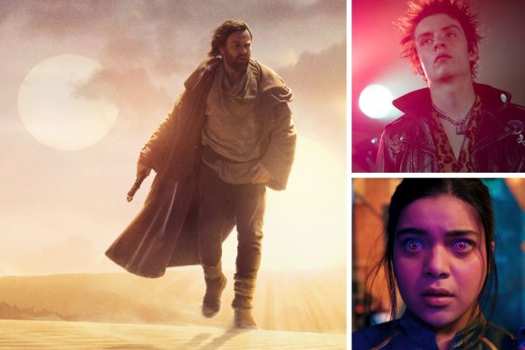 Clockwise from main: Ewan McGregor in Obi-Wan Kenobi, Louis Partridge as Sid Vicious in Pistol and Iman Vellani as Ms. Marvel.