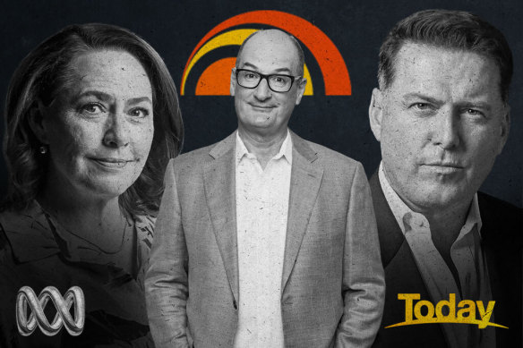 What does David Koch’s (centre) departure mean for Australian breakfast news and its stars, including Lisa Millar (left) and Karl Stefanovic (right)?
