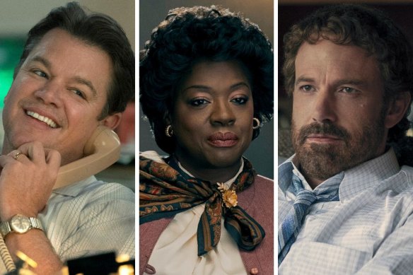 From left: Matt Damon as Nike marketing executive Sonny Vaccaro, Viola Davis as Deloris Jordan and Ben Affleck as Nike CEO Phil Knight.