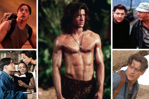 Brendan Fraser in, clockwise from top left, Journey to the Centre of the Earth; George of the Jungle; The Quiet American, with Michael Caine; The Mummy: Tomb of the Dragon Emperor; and Bedazzled, with Elizabeth Hurley and Frances O’Connor.