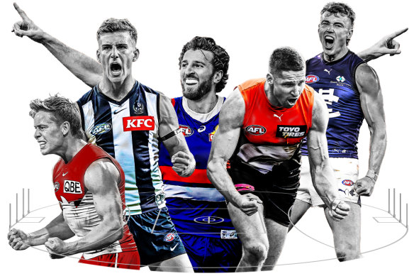 All-Australians: Isaac Heeney, Nick Daicos, Marcus Bontempelli, Jesse Hogan and Patrick Cripps.