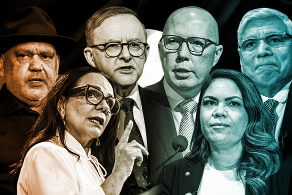 Key figures in the Voice debate (l-r) Noel Pearson, Linda Burney, Anthony Albanese, Peter Dutton, Jacinta Nampijinpa Price and Nyunggai Warren Mundine.