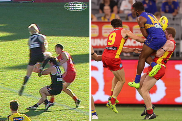 Nick Riewoldt’s classic mark, running back, in 2004. And Willie Rioli’s attempt to mark.