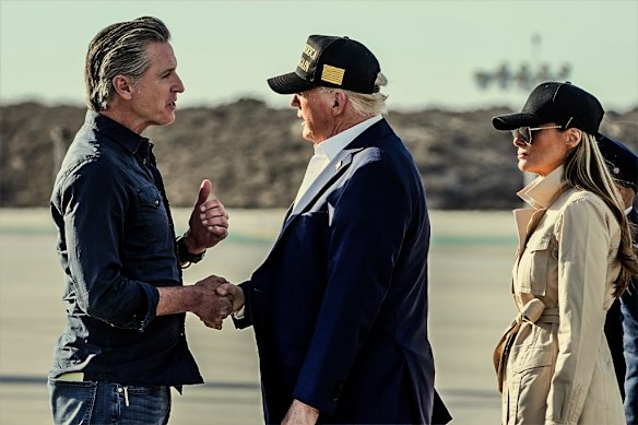 California’s Democrat Governor, Gavin Newsom, with Donald and Melania Trump in LA in January. 