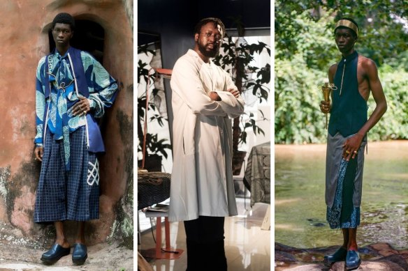 Adeju Thompson (centre) with two of his designs for Lagos Space Program’s Project 8, Cloth as a Queer Archive, SS2024. 