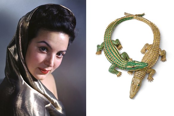 Mexican actress María Félix and her crocodile necklace, 1975.
