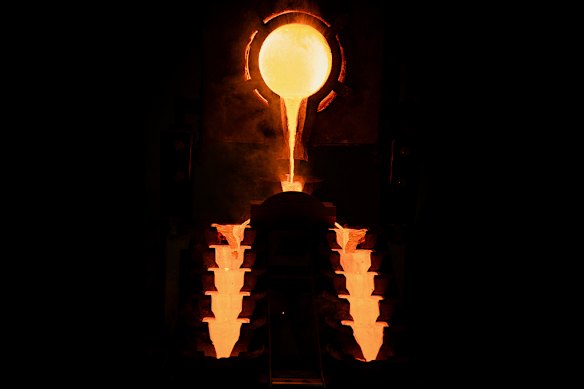 Molten gold is poured into trays about every two weeks at Fosterville mine in Victoria.