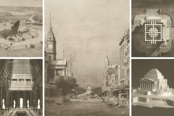 The winning entry, by Philip Hudson and James Wardrop, clockwise from main: the view from Swanston Street; top-down sections; model; the inner sanctuary in a watercolour by Philip B. Hudson; oblique view looking down. 