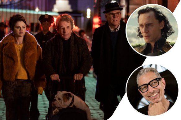 Clockwise from main: Selena Gomez, Martin Short and Steve Martin in The Only Murders in the Building, Tom Hiddleston in Loki and Jeff Goldblum.