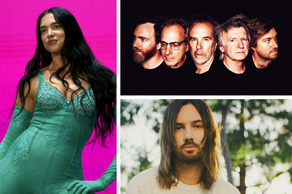Clockwise from left: Dua Lipa, Crowded House and Kevin Parker from Tame Impala.