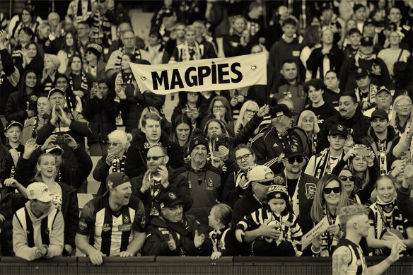 Magpies fans during a game between the Magpies and the Port Adelaide Power at the MCG in 2024.