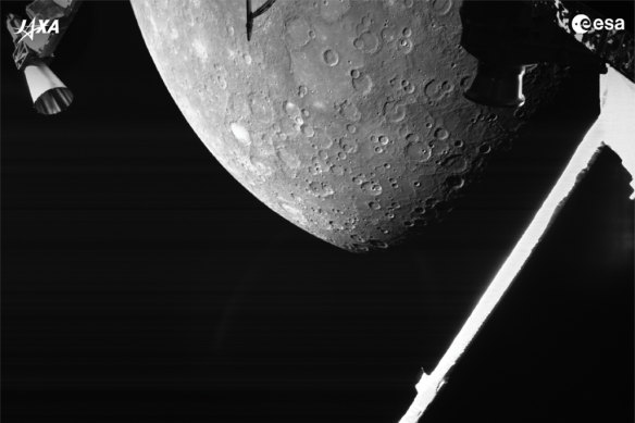 The planet Mercury as photographed by the joint European-Japanese BepiColombo spacecraft Mercury Transfer Module’s Monitoring Camera 2. 
