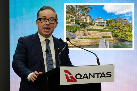 Former Qantas boss Alan Joyce with the Mosman house he bought for $19 million and sold a year later for $21 million.