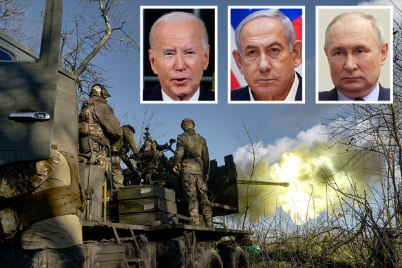 Ukrainian forces in Bakhmut on Friday. (Inset) Joe Biden, Benjamin Netanyahu and Vladimir Putin.