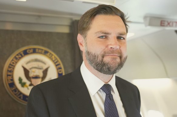   Vance talks to reporters on Air Force Two in Rome in May 2025, where he attended Pope Leo’s inauguration.