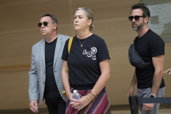 Gisele Pelicot’s children Florian, (right), David and Caroline Darian arrive in the Avignon courthouse, southern France, on September 5, 2024.  
