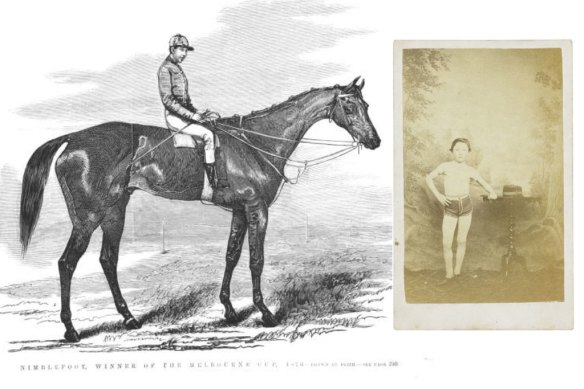 Johnny Day on Nimblefoot. Right: Master Johnny Day, Australian Champion Pedestrian c. 1866 by an unknown artist. Albumen photograph carte de visite.