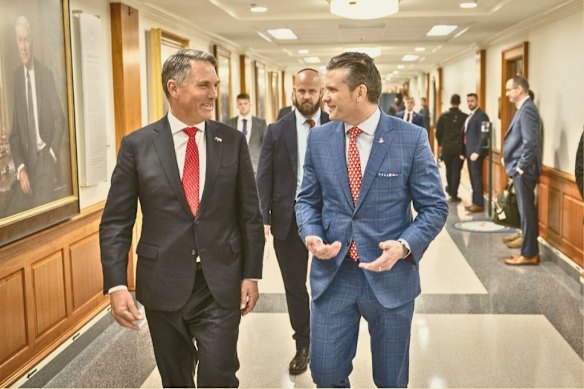 Australia’s Minister for Defence Richard Marles talks with Hegseth at the Pentagon in Washington in February 2025.
