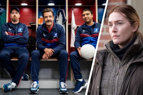 The best shows you’ve never seen. Ted Lasso (left) and Kate Winslet in Mare of Eastttown (right).
