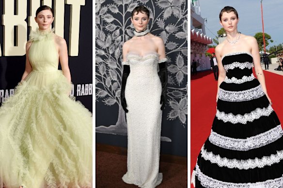 Thomasin McKenzie on the red carpet in outfits chosen by her stylist.