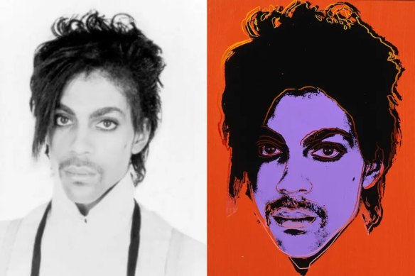 The original Lynn Goldsmith photograph of Prince, left, which Andy Warhol altered in various ways.