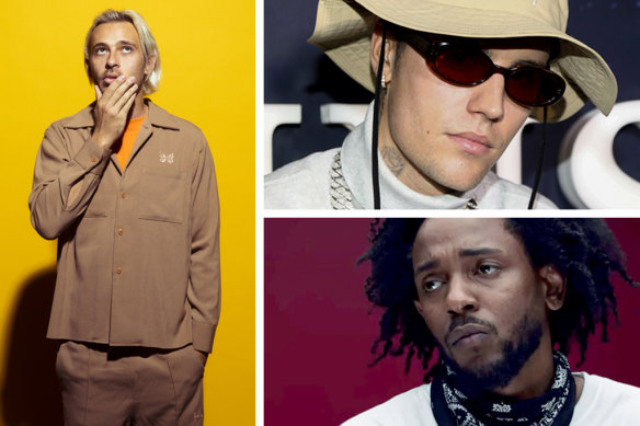 Clockwise from left: Flume, Justin Bieber and Kendrick Lamar.