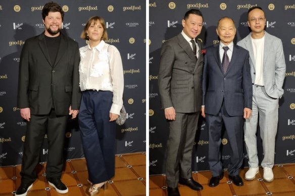 Guests arrive at the Good Food Guide Awards, including Louis Naepels and Tess Murray (left) from intimate Heathcote diner Chauncy, and Jason, Anthony and Eric Lui from Melbourne dining institution, Flower Drum.
