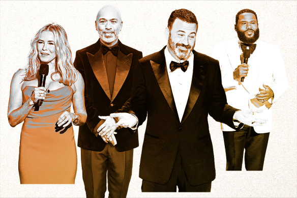 Hosting award shows isn’t easy. Just ask (from left) Chelsea Handler, Jo Koy, Jimmy Kimmel and Anthony Anderson. How can hosts ensure they’re remembered for the right reasons?