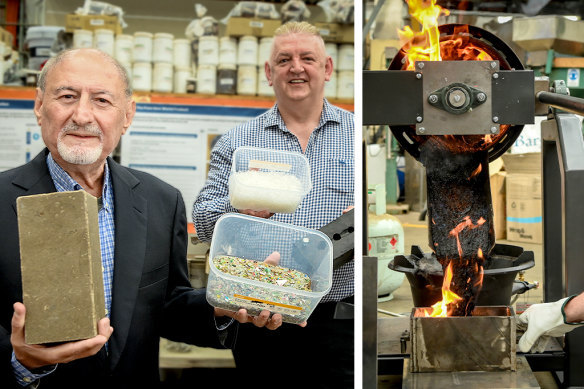 Mohammad Ali Sanagooy (left) and Steven Lazarevic, the inventors and developers of the new polymer technology. On the right, the polymer, plastics and coal ash is melted together to form a new building product.