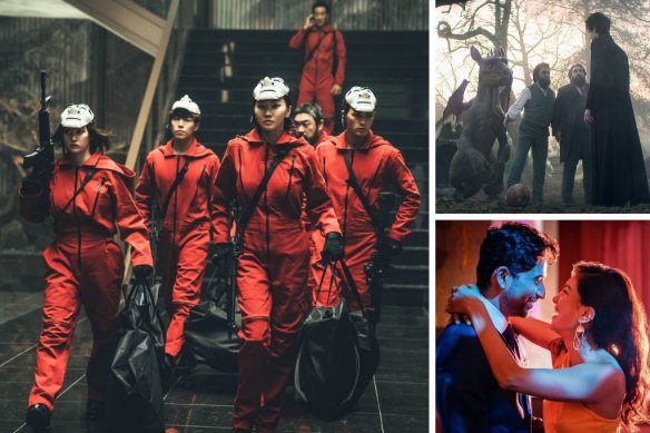 Clockwise from main: the team of Money Heist: Korea – Joint Economic Area, Tom Sturridge (right) as Dream in The Sandman and Suraj Sharma and Pallavi Sharda in Wedding Season.