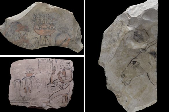 Ostracons showing a baboon eating figs (top left); a donkey’s head (right); and the workman Khnummose worshipping Meretseger.