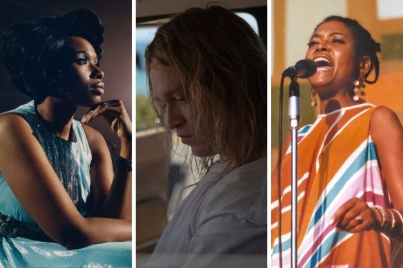 From left: Jennifer Hudson in Respect, Caleb Landry Jones in Nitram and Abbey Lincoln in Summer of Soul.