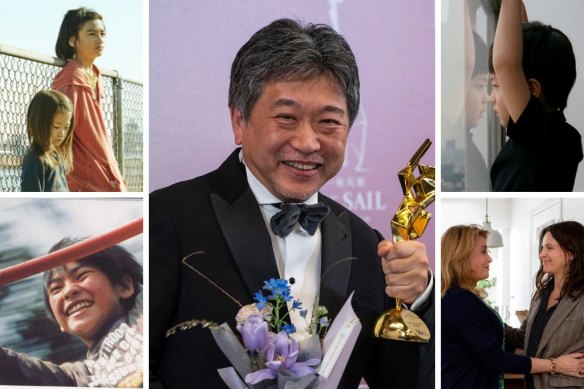 Clockwise from main: Hirokazu Kore-eda with his Asian Film Awards’ best director gong for Broker; stills from Like Father, Like Son; The Truth; Nobody Knows; and Shoplifters. 