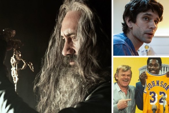Clockwise from main: Taika Waititi as Blackbeard in Our Flag Means Death, Ben Whishaw in This Is Going to Hurt and John C. Reilly and Jason Clarke in Winning Time.