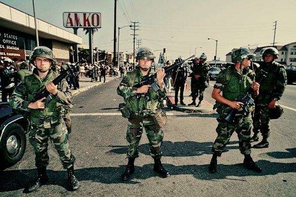 National guardsmen in Los Angeles in 1992 after riots erupted following the acquittal of police officers over the beating of Rodney King.