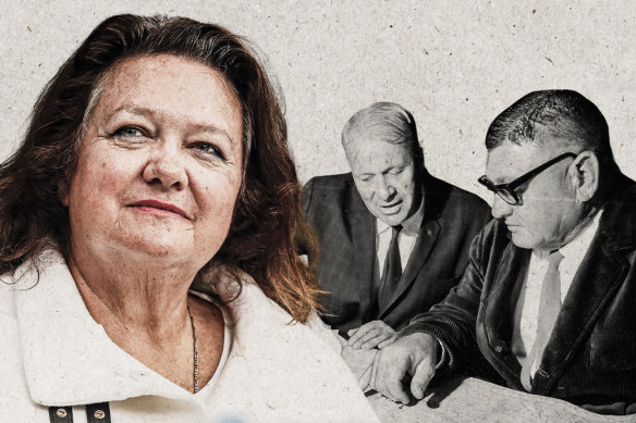 Gina Rinehart and her company Hancock Prospecting, started by her father Lang (far right), is defending claims to its Hope Downs iron ore tenement in the Pilbara from Wright Prospecting, started by Peter Wright (left).