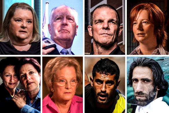Australian Story subjects (clockwise, from top left): comedian Magda Szubanski, former governor-general Peter
Hollingworth, former NRL player Ian Roberts, former prime minister Julia Gillard, refugee Behrouz Boochani, AFL player Marlion Pickett, Hazel Hawke and Kerryn Phelps with wife Jackie Stricker.
